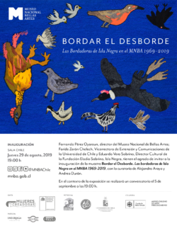 Bordar el Desborde bed Invitación a la muestra Bordar el Desborde (2019) con detalles de aves y fondo azul extraídos de los bordados de la Isla Negra Foundation
